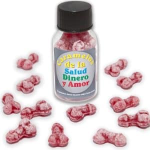 DIABLO PICANTE - 12 CARAMELOS DE LA SALUD-DINERO-AMOR FORMA PENE FRESA/CEREZA