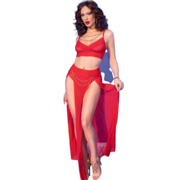 CHILIROSE - CR 4850 SET TOP ROJO Y LEGGINS CON COMPLEMENTOS DORADOS XL